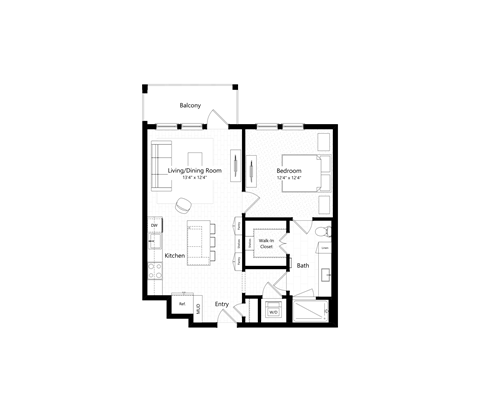 Floor plan for 1 bed, 1 bath, 828 sqft